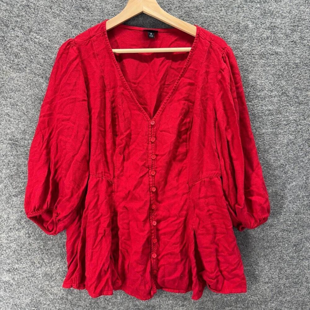 Torrid Shirt Women 0 Red Button Up V-Neck 3/4 Sleeve Rayon Casual Solid